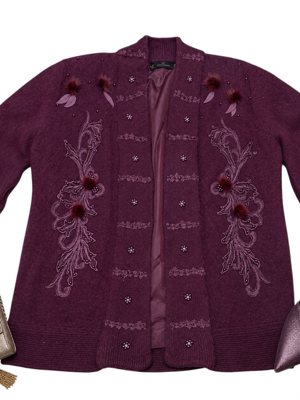 Rafiana Vintage Cashmere Embellished Feather Cardigan Jacket Burgundy Women's XL